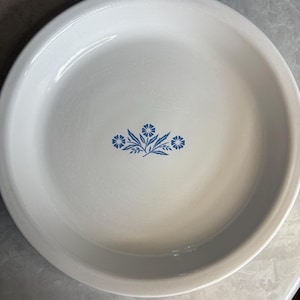 May include: White, round pie dish with a blue floral design in the centre. The dish has a slightly raised edge and a smooth surface. The floral design features three stylized flowers and leaves.