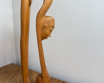 Vintage Balinese Man Holding Ball Wood Carving | Bali Hand Carved Wooden Figure | Indonesian Folk Art Sculpture