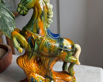 Vintage Chinese Ceramic Horse Figurine | Tang Dynasty Style Drip Glaze Statue