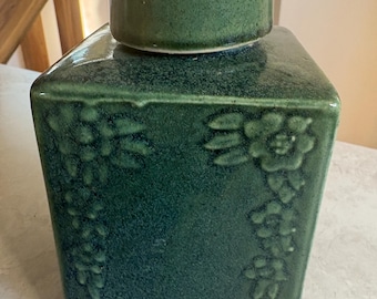 Vintage Green Pottery Decanter | Embossed Floral Border, Cork Stopper, Mid-Century Flask
