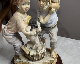 Vintage Children Bathing Puppy Figurine – Rustic Resin Sculpture Wooden Base