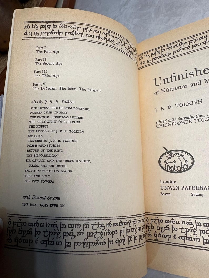 May include: Open book with the title "Unfinished Tales of N&uacute;menor and Middle-earth" by J.R.R. Tolkien. The book's table of contents is visible, listing various stories and essays. The cover features a Unicorn logo.