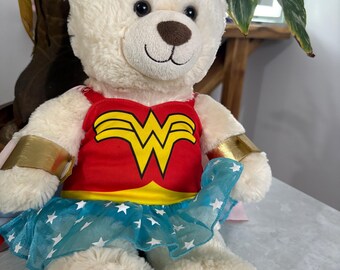 Build a bear plush white teddy in super woman outfit