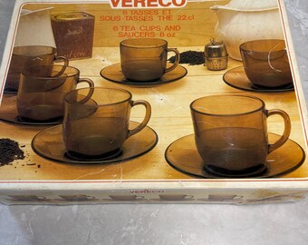 VERECO tea cups and saucers  in vintage French amber glass 8oz