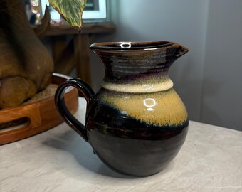 Signed Studio Pottery Cream Jug – Hand Thrown Stoneware Pitcher, Earth Tone Drip Glaze