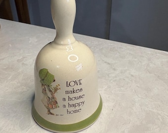 Vintage Holly Hobbie Stoneware Bell – “Love Makes a House a Happy Home” – 1980s Country Decor
