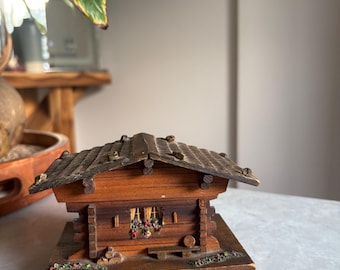 Vintage Wooden Alpine Chalet Music Box | Swiss Cabin Decor, Folk Art Collectible