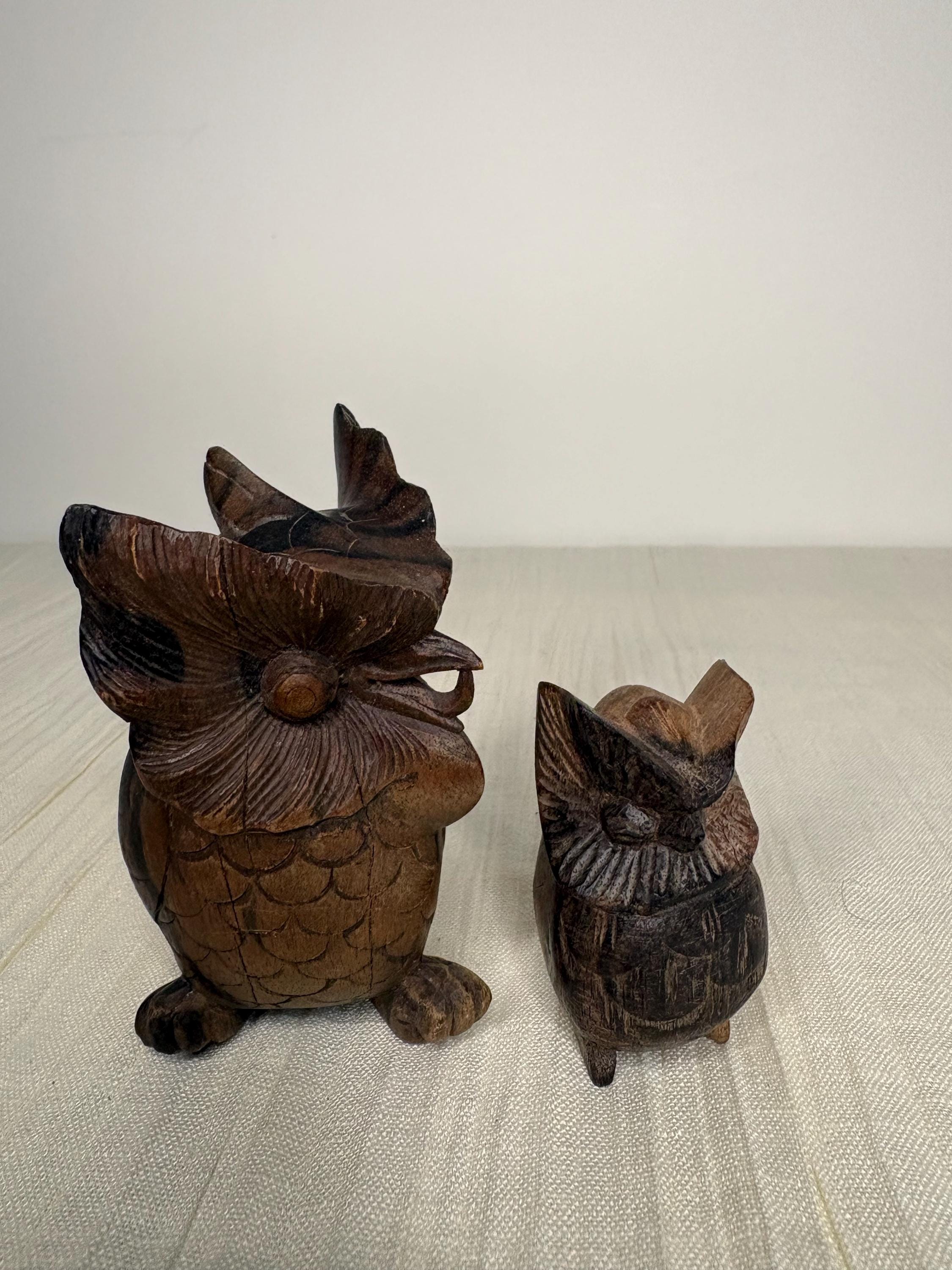VTG Wood Carved Owl Figurine - Miniature Wooden Owls x 2 - Balinese wooden art