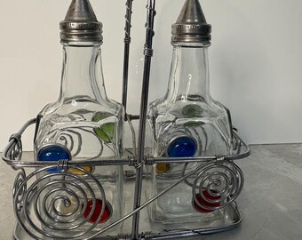 Vintage Glass Cruet Set With caddie