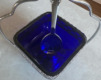 Art deco sugar bowl and spoon vintage collet blue