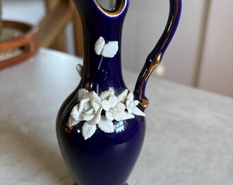 Vintage Cobalt Blue Porcelain Ewer Vase – Applied White Flowers, Gold Trim, Made Japan