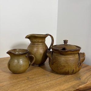Vintage Bicheno Pottery Set | Signed Tasmanian Stoneware Jug, Creamer, Casserole