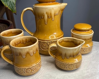 Vintage Japanese Ceramic Coffee Set: Mustard Drip Glaze, Mid-Century Retro Pottery