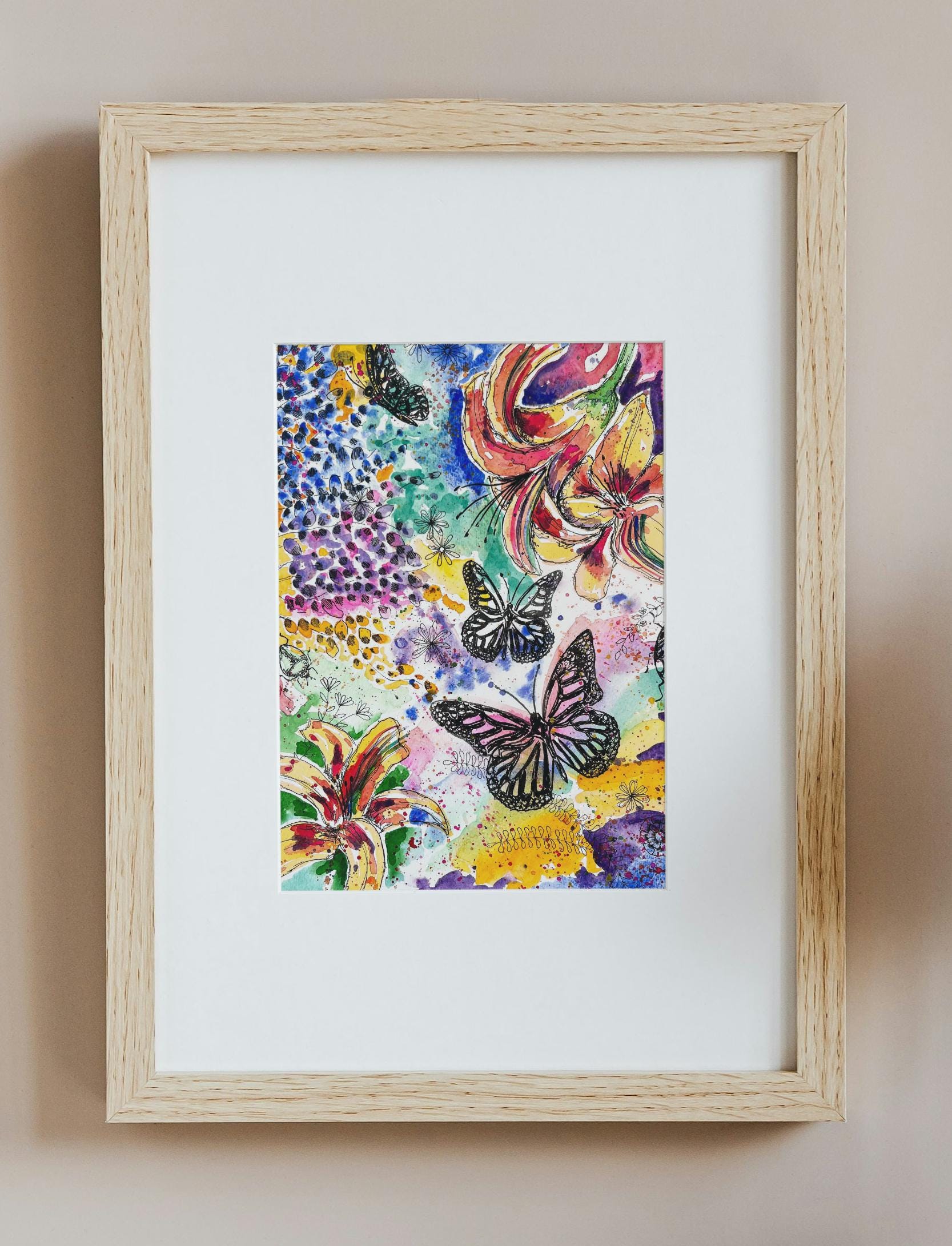 Rainbow Butterfly & Floral Watercolor Art Print | Colorful Nature Art ...