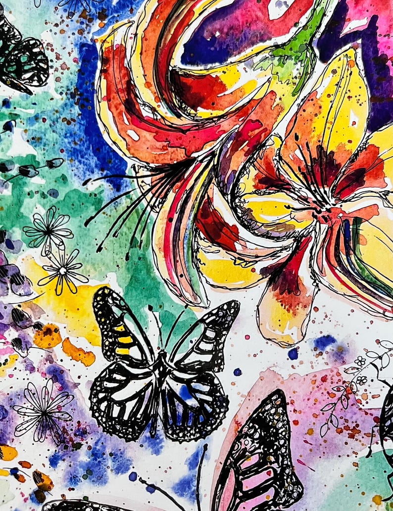 Rainbow Butterfly & Floral Watercolor Art Print | Colorful Nature Art ...