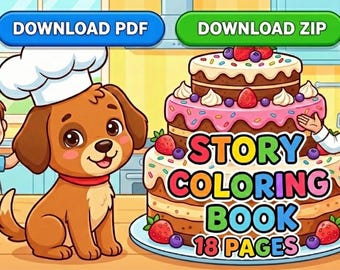 Cake Story Coloring Book | Chef Max & Dog | 20 Printable Pages (PDF + ZIP)