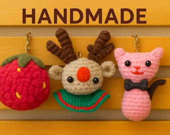 Amigurumi Crochet Keychain Patterns – 3 Easy Handmade Designs | Strawberry, Reindeer & Cat | PDF + ZIP Instant Download