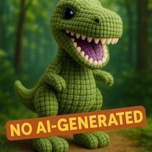 May include: A green crocheted dinosaur with a wide open mouth, white teeth, and a purple interior. The text "CROCHET PATTERN" and "PDF + ZIP" are displayed. The words "NO AI-GENERATED" are also displayed.