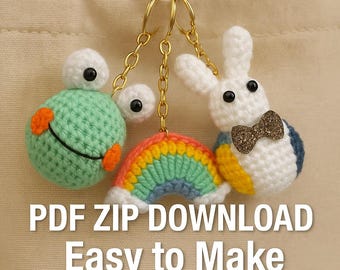 Crochet Keychain Pattern Set – Frog, Bunny and Rainbow PDF Tutorial