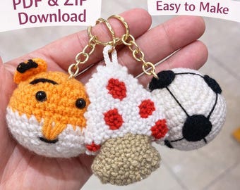 Amigurumi Keychain Crochet Patterns – Tiger, Mushroom, Soccer Ball (Digital PDF)