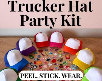 May include: A Trucker Hat Party Kit with seven colorful trucker hats with white fronts and mesh backs in blue, purple, red, pink, orange, yellow, and green. Assorted stickers are scattered around the hats. The text "PEEL. STICK. WEAR." is at the bottom.
