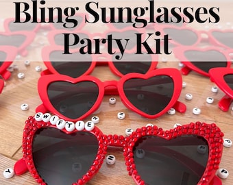DIY Bejeweled Sunglasses Kit for 12, No Glue Kids Party Activity, Personalized Heart Sunglasses, Rhinestone Craft Kit, Girls Birthday Favor