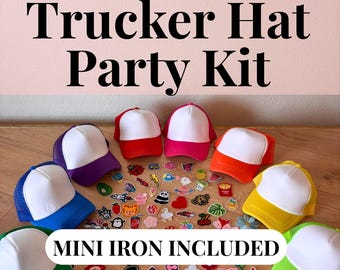 May include: A collection of multi-colored trucker hats with white front panels, accompanied by a large assortment of small embroidered iron-on patches. The text Trucker Hat Party Kit and MINI IRON INCLUDED is visible in the image.