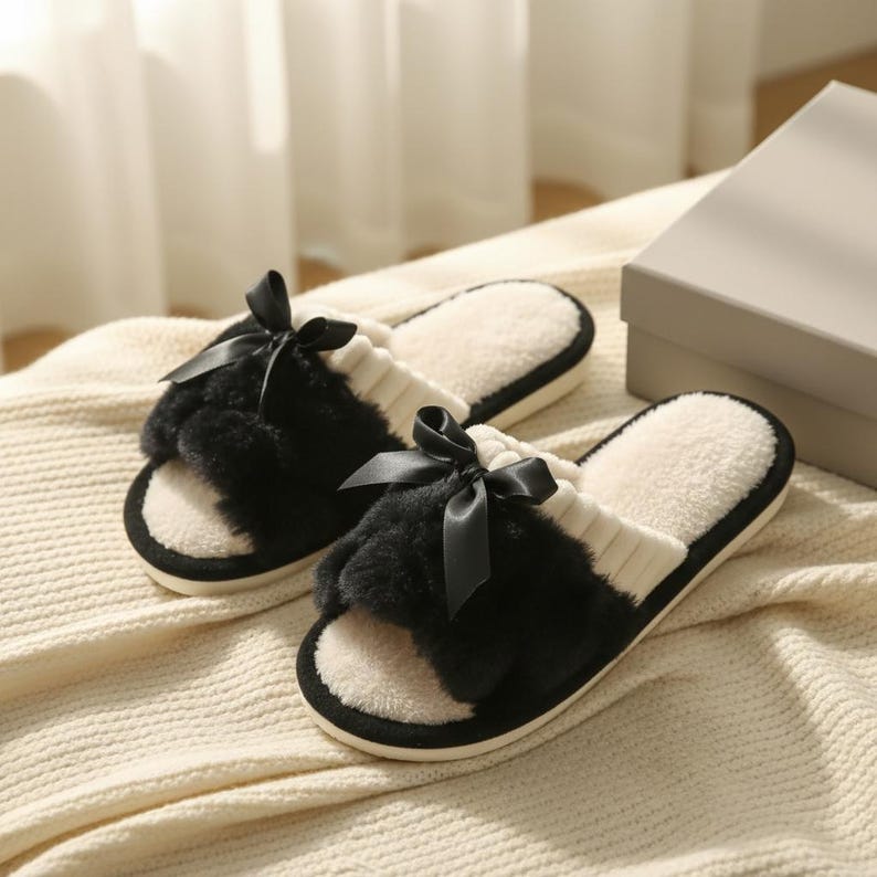 Pu&ograve; includere: Un paio di pantofole a punta aperta con una parte superiore in finta pelliccia nera e un interno color crema. Ogni pantofola ha un fiocco di raso nero. Le pantofole hanno un bordo nero e sono su una coperta color crema.