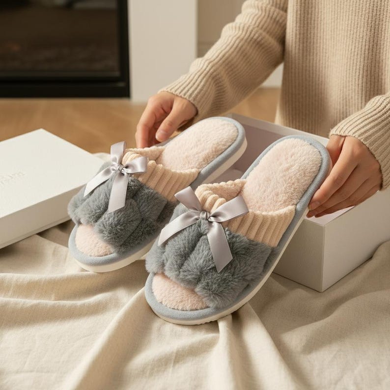 Pu&ograve; includere: Un paio di pantofole grigie e rosa a punta aperta con un dettaglio a fiocco. Le pantofole hanno una parte superiore grigia soffice, un interno rosa e una fascia a maglia beige chiaro. Le pantofole sono presentate in una scatola bianca.