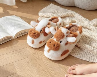 Cow Fuzzy Slippers for Women – Cozy Plush Winter House Shoes, Cartoon Bedroom Slides