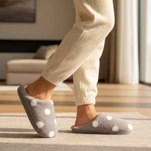 Può includere: Pantofole grigie e soffici con pois bianchi. Le pantofole, aperte sul tallone, hanno una consistenza morbida e lanuginosa. L'immagine mostra le pantofole indossate con pantaloni della tuta beige, suggerendo un tema accogliente e rilassato.