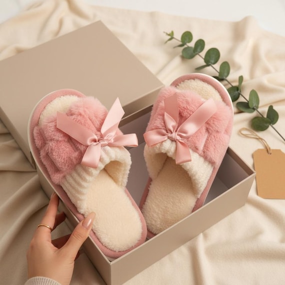 Fluffy Bow Slippers for Women – Warm Indoor House Slides