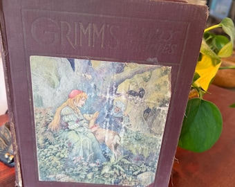 Baśnie braci Grimm, książka z 1922 r., ilustrowana, klasyczna, dziecięca, w czerwonej tkaninie, antyczna