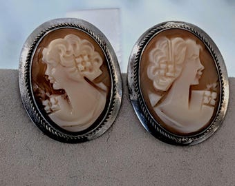 Kolczyki z muszli w stylu vintage z włoskiej kamei, oprawa sznurkowa ze srebra próby 925