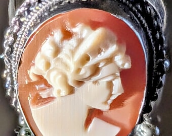 Pierścionek z kameą w kształcie muszli w srebrze próby 900, ręcznie rzeźbiony portret, rozmiar 8, wyrazisty pierścionek w stylu rodzinnym