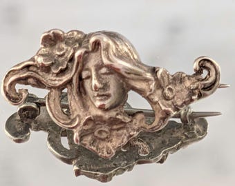 Antyczna broszka ze srebra próby 925, secesyjna, zapięcie typu C, długa szpilka, Maiden, ok. 1890 r.