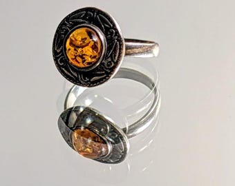 Pierścionek z bursztynem w stylu vintage ze srebra próby 925, rozmiar 8, oryginalna biżuteria z bursztynem 925