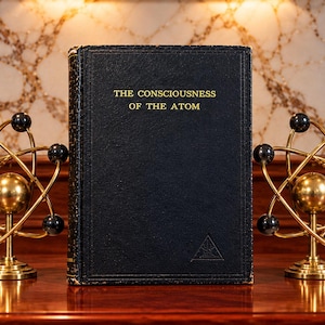 May include: A black hardback book titled THE CONSCIOUSNESS OF THE ATOM with gold lettering on the front cover, flanked by two gold-toned metal atomic models featuring a central sphere surrounded by orbiting black spheres on thin wire rings.