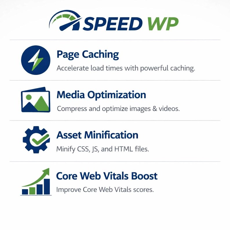 Puede incluir: Gr&aacute;fico digital con el texto "SPEED WP" y cuatro secciones sobre optimizaci&oacute;n web. Incluye "Page Caching", "Media Optimization", "Asset Minification" y "Core Web Vitals Boost", cada una con una breve descripci&oacute;n.