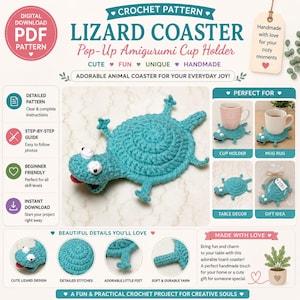 May include: A digital PDF crochet pattern for a lizard coaster, featuring a teal crocheted lizard with white eyes and a red tongue. The image includes text such as "Lizard Coaster," "Pop-Up Amigurumi Cup Holder," and "Detailed Pattern," with photos showing the coaster used as a cup holder and table decor.