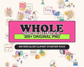 Paquete de más de 300 imágenes prediseñadas para toda la tienda, diseños de manualidades en papel PNG con acuarela para diarios creativos.