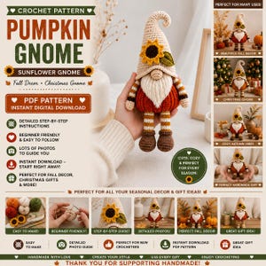 Pumpa-tomte virkmönster PDF, höst-amigurumi, jultomte, höstdekorationsvirkning, virkmönster för nybörjare, nedladdning av solrostomte