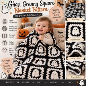 May include: A digital PDF crochet pattern for a Ghost Granny Square blanket. The design features repeating black and white squares, each with a central white ghost motif. The pattern includes step-by-step instructions with photos for beginners.