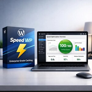 Puede incluir: Un port&aacute;til muestra una descripci&oacute;n general de la optimizaci&oacute;n de la velocidad con una puntuaci&oacute;n perfecta de 100/100. Junto a &eacute;l, una caja con la etiqueta "Speed WP" con un rayo, que anuncia el almacenamiento en cach&eacute; de nivel empresarial.