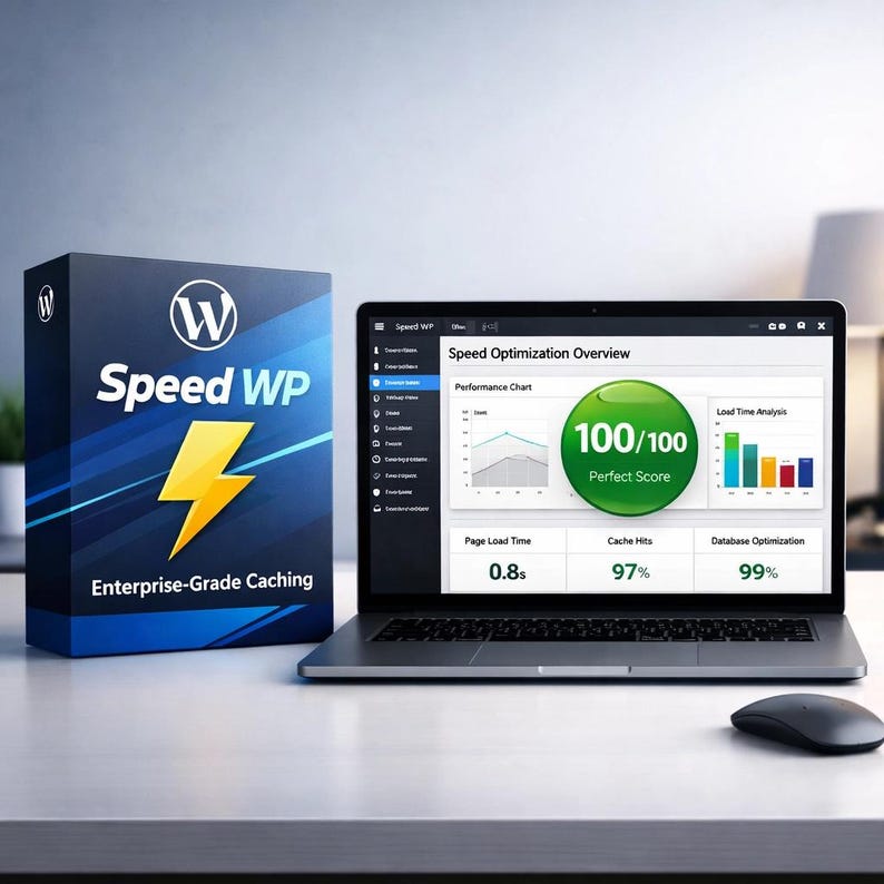 Puede incluir: Un port&aacute;til muestra una descripci&oacute;n general de la optimizaci&oacute;n de la velocidad con una puntuaci&oacute;n perfecta de 100/100. Junto a &eacute;l, una caja con la etiqueta "Speed WP" con un rayo, que anuncia el almacenamiento en cach&eacute; de nivel empresarial.