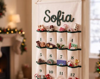 Personalized Christmas Advent Calendar, Custom Name Canvas Christmas Countdown, 24 Large Pockets, Reusable Holiday Wall Decor