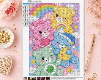 May include: A diamond painting kit featuring four colorful bears in a sky scene with a rainbow, stars, and clouds. The canvas displays the code DP5487, a size of 20x30 cm, and a color legend. The design includes a yellow, pink, blue, and green bear.