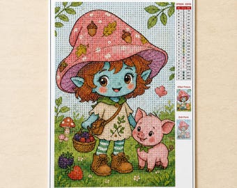 May include: A diamond painting kit featuring a blue-skinned character with brown hair wearing a large pink mushroom hat, a white tunic, and brown boots. The character holds a basket of berries next to a small pink pig in a grassy field.