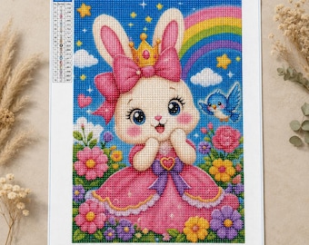 May include: A diamond painting kit featuring a white rabbit wearing a gold crown and a large pink bow, dressed in a pink gown. The scene includes a blue bird, a rainbow, clouds, stars, and colorful flowers. The canvas displays text DP3381 and 20*30.