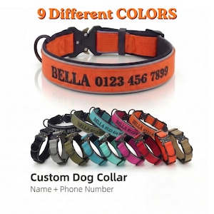 May include: An orange dog collar with the name "BELLA" and a phone number printed on it. The image shows nine different coloured custom dog collars. The text at the top says "9 Different COLORS" and the text at the bottom says "Custom Dog Collar Name + Phone Number".
